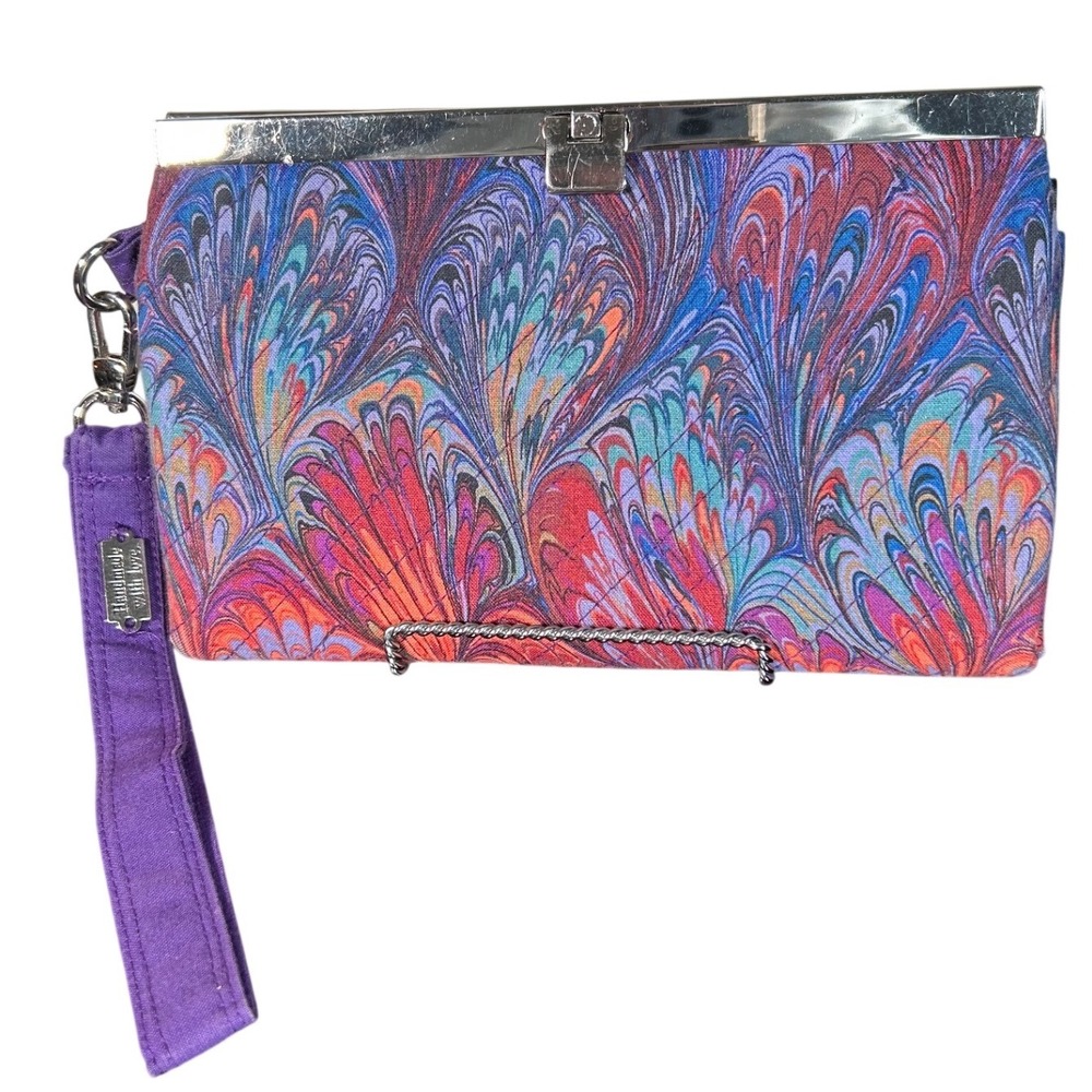 Handmade Quilted Wristlet Clutch Purse Wallet Marbled Purple Strap KIss Lock
